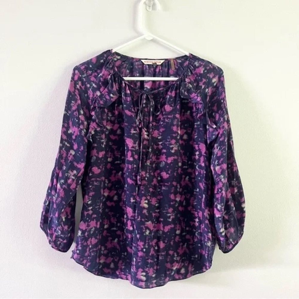 Rebecca Taylor 100% Silk Blouse Purple Blue Abstract 3/4 Sleeves Tie front S
